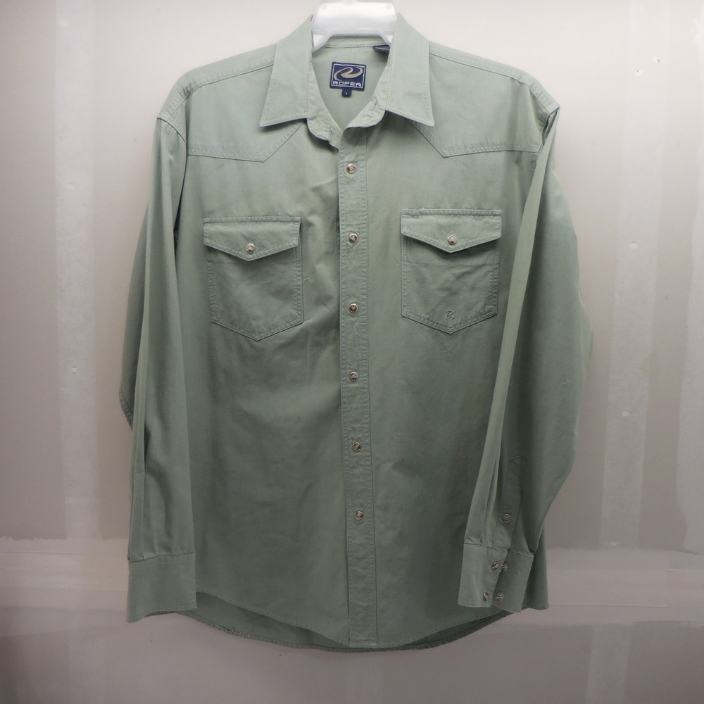 Roper Mens Sage Green Twill Pearl Snap Western Shirt Long Sleeve Large - Picture 1 of 5